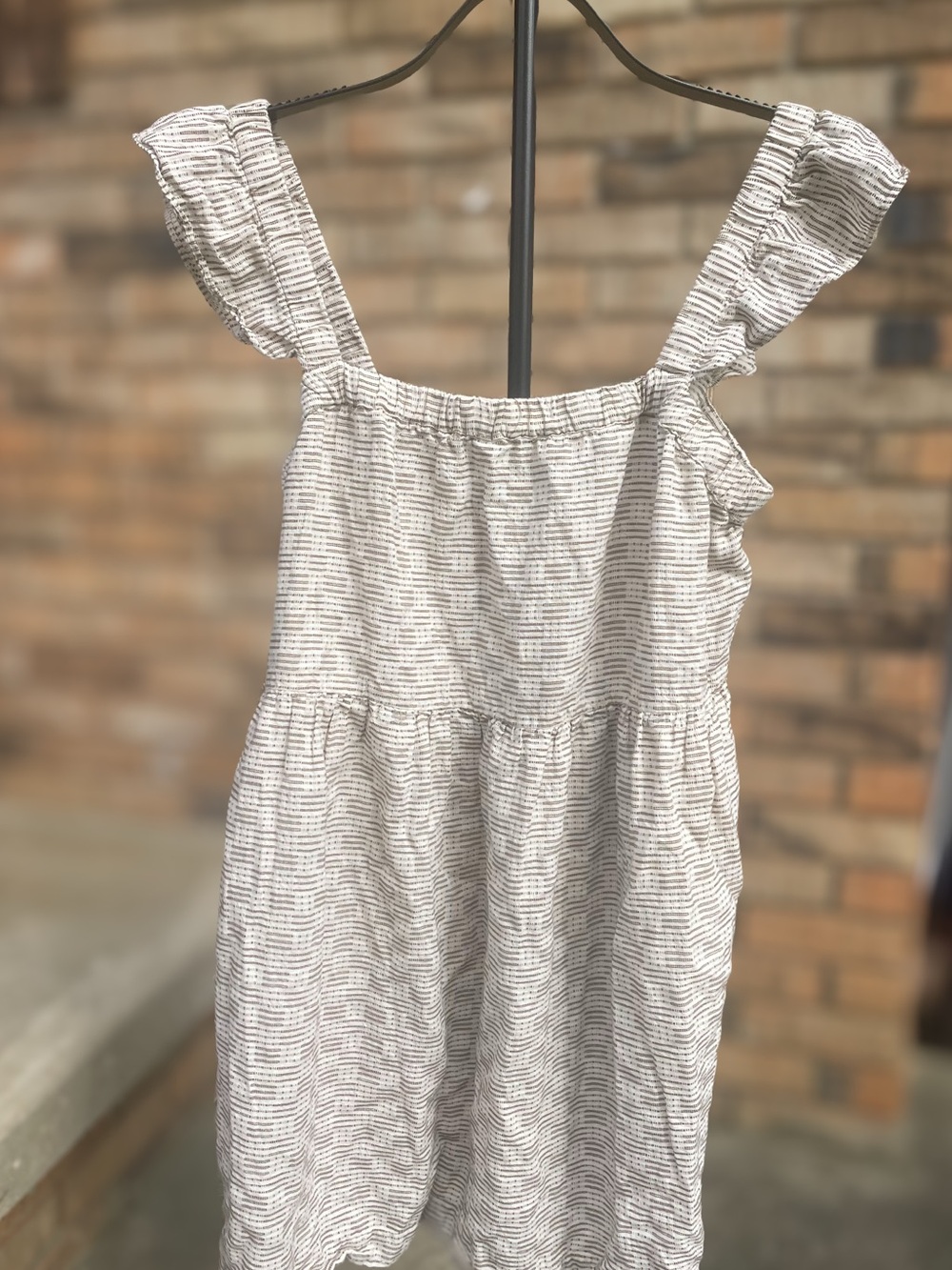 Madewell XL Cotton Linen Tiered Mini Dress Cream Brown Stripe Cottagecore